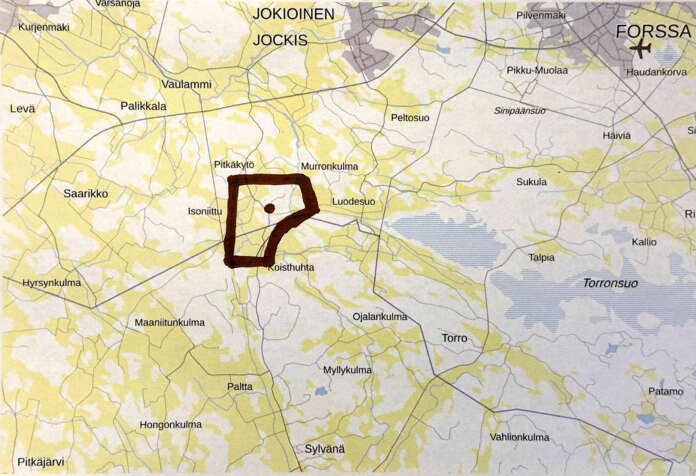 Somero-lehden toimituksen tekemä malminetsintälupahakemuksen viitteellinen sijainti kartalla Someron pohjoisosissa. Paikkatietoikkuna 11/2023, Selkokartta, Maanmittauslaitos.